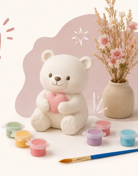 Figura de oso de yeso y pinturas de colores